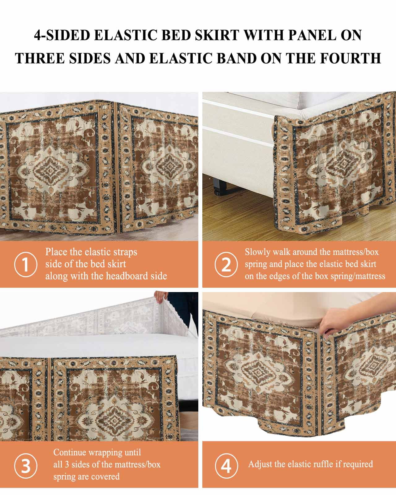 Brown Boho Wrap Around Bed Skirts for Queen Bed 16" Drop,Bed Skirt with Adjustable Elastic Belt Dust Ruffle Bed Valance for Bedroom Hotel Retro Western Rustic Ethnic Tribal Patterns Bed Frame Cover