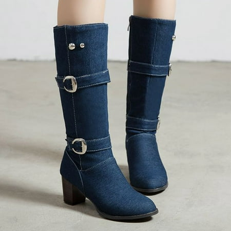 Herrnalise Women s Warm Square Heel Shoes Casual Long Tube Denim Fashion Boots Deals !