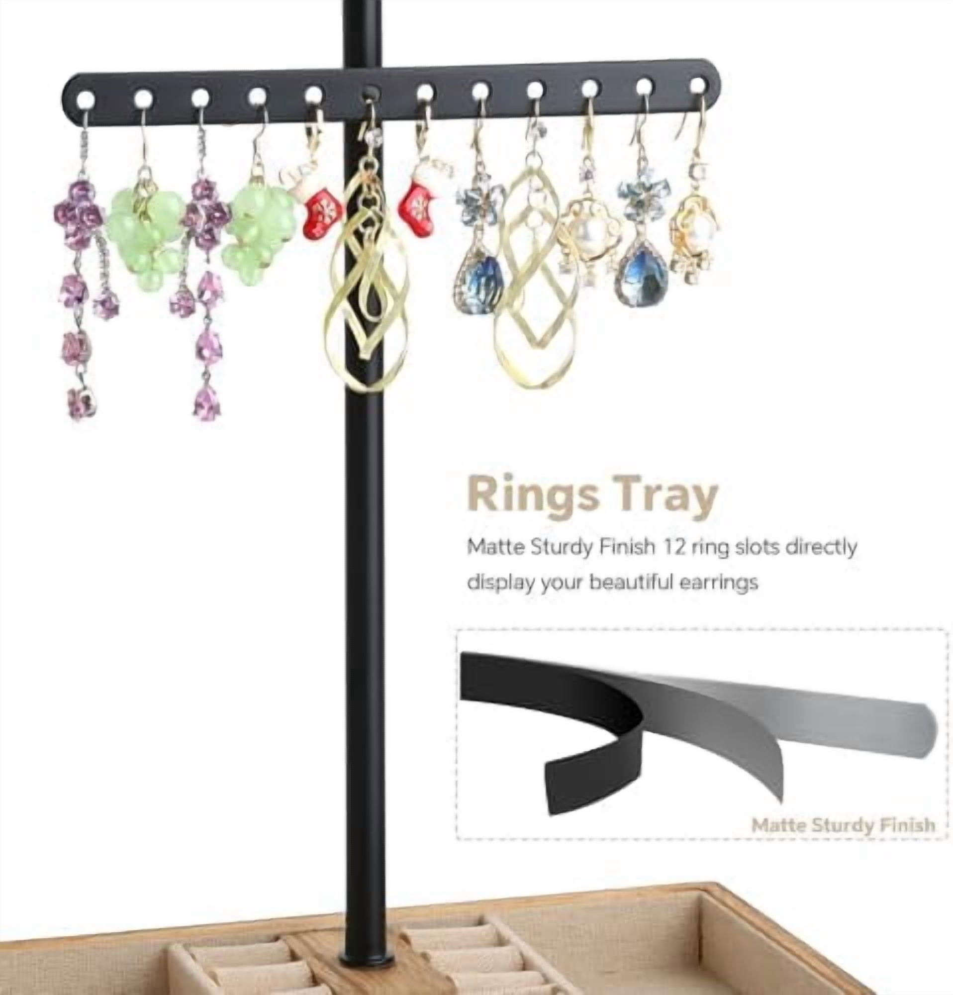 Jewelry Organizer Stand, 3-Tier Necklace Holder Jewelry Tree with Wooden Storage Drawer Box for Necklace Bracelet Earring Ring, Carbonized Black