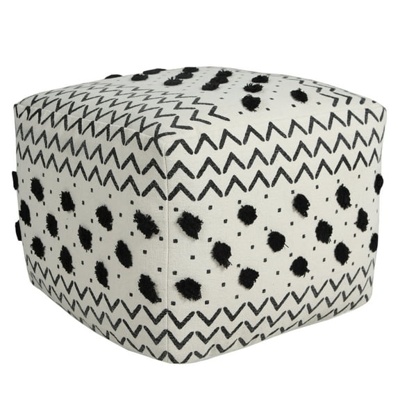 LR Home Small Over-tufted Chevron Indoor Square Pouf, Black/White, 18" x 18" x 14"