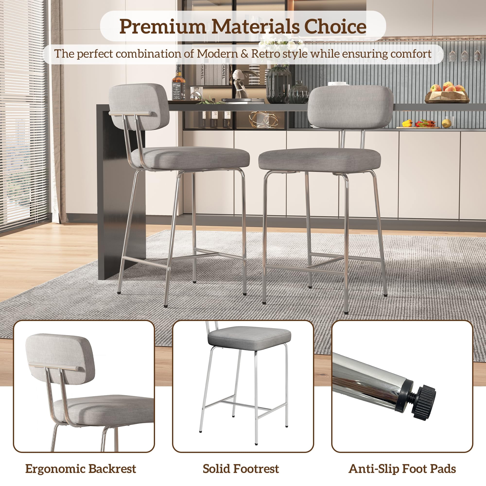 Genpo Counter Height Bar Stools Set of 3, 26" Gray Fabric Kitchen Counter Stools with Backs, Metal Legs, Footrest and Wide Seat, Bar Chairs for Kitchen Island