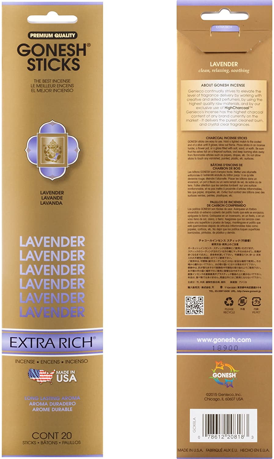 Gonesh Collection Lavender €“ 4 Pack-Extra Rich Incense, Gold, 80 Count