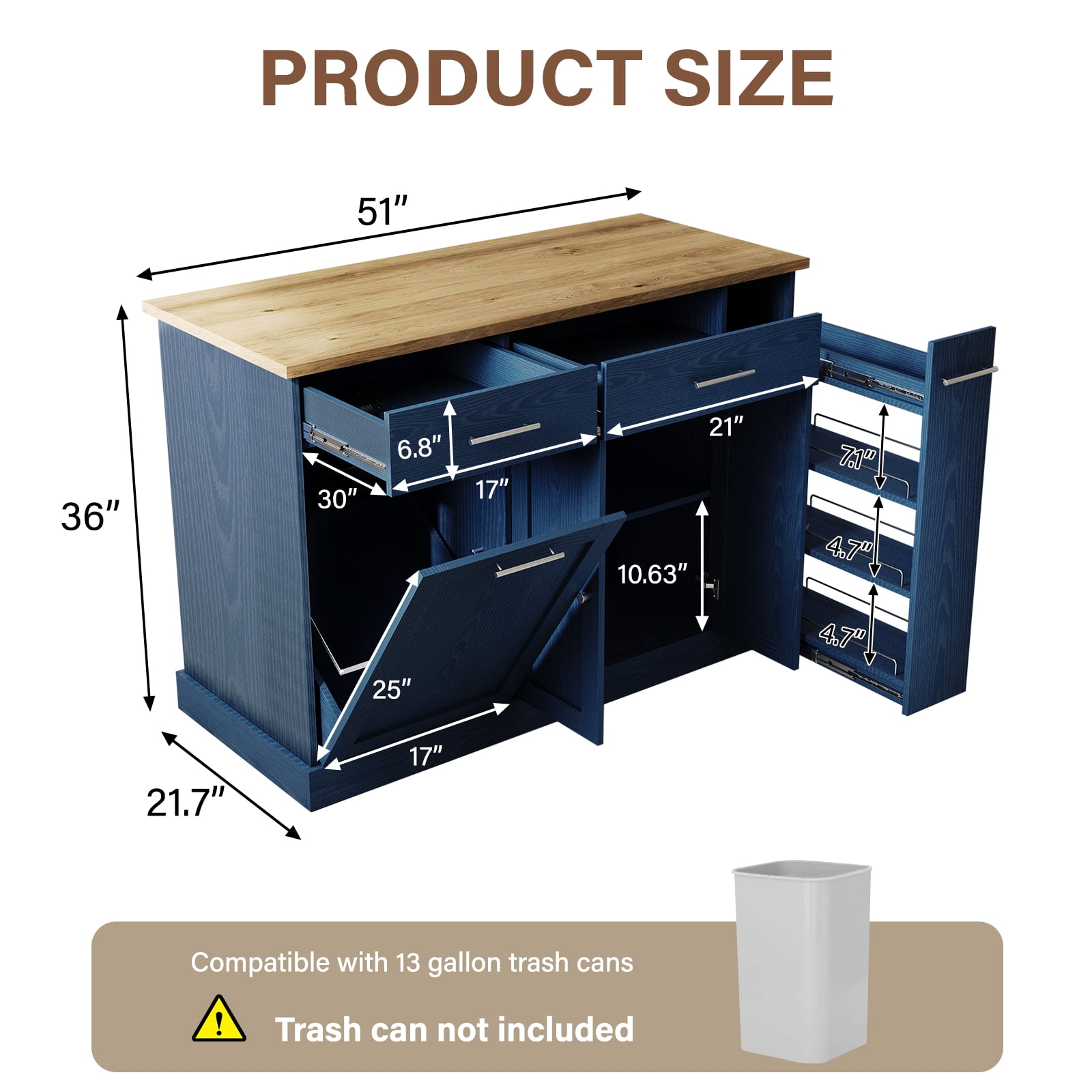 4 EVER WINNER 53" Rolling Kitchen Island on Wheels, Mobile Kitchen Cart with Trash Can Storage, 3-Tier Spice Rack & Adjustable Shelves, Kitchen Island Table for Storage & Organization, Blue