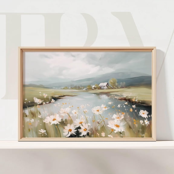 Countryside Wall Art Neutral Landscape River And White Flowers Farmhouse Decor Rustic Artwork Home Decor #493, Unframed Poster Size 8x12