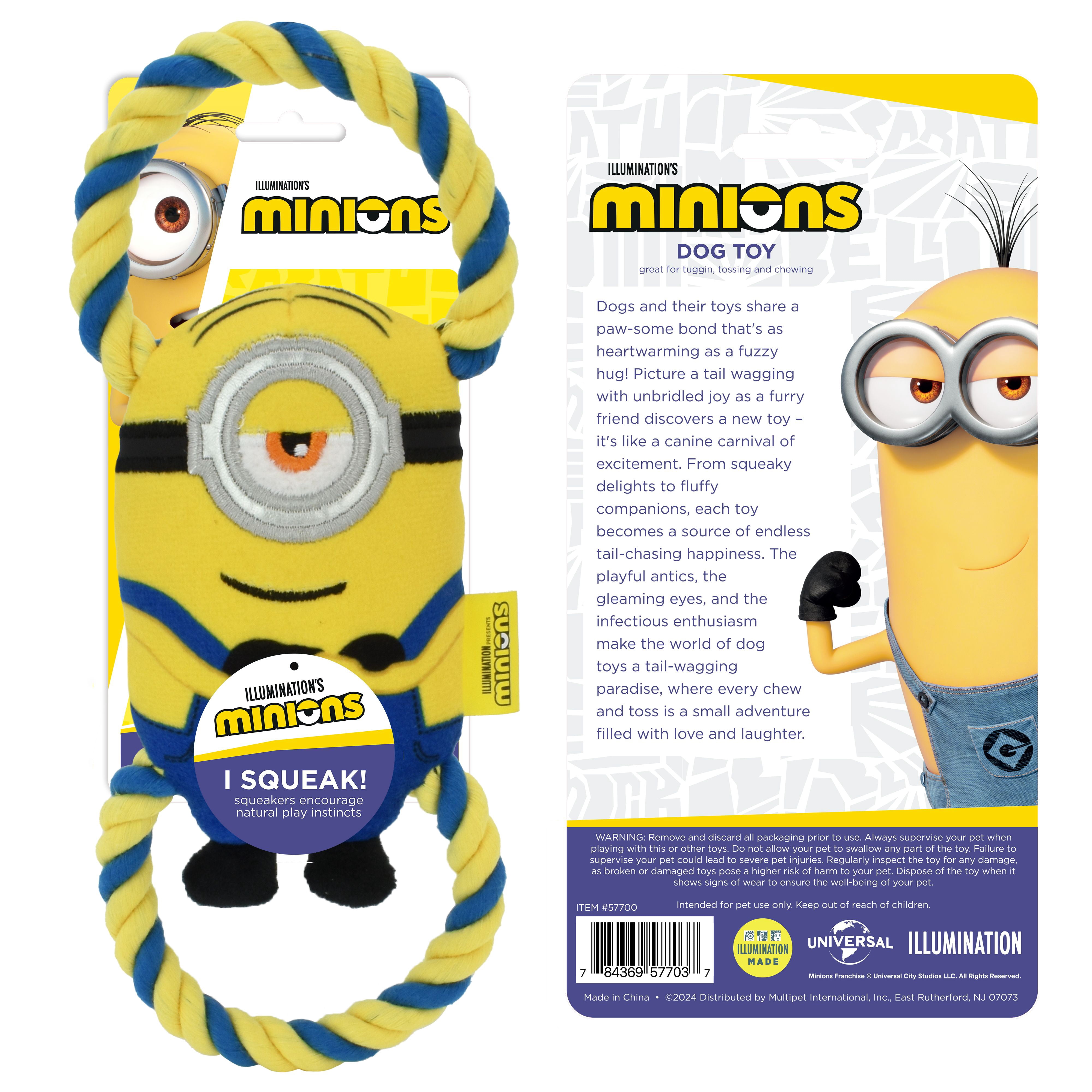 Multipet Minions Stuart Plush and Rope Tug Dog Toy with Squeaker and Crinkle, Small