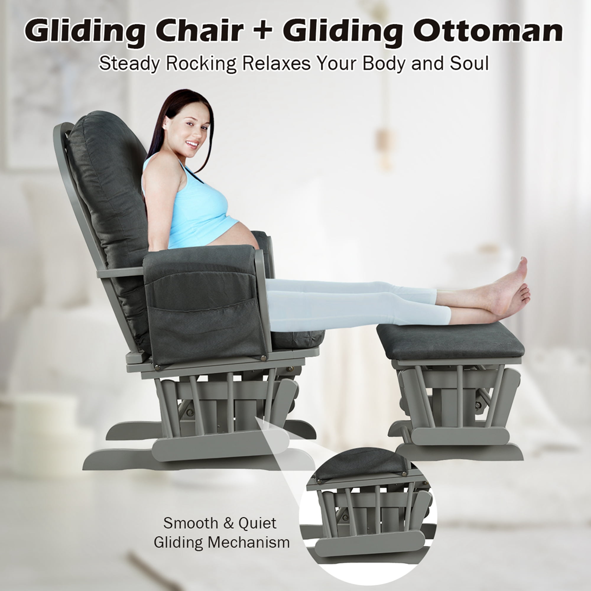 Costway Glider and Ottoman Cushion Set Wood Baby Nursery Rocking Chair Dark Grey