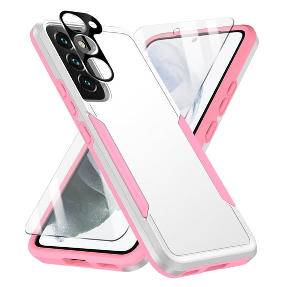 Allytechgroup Galaxy S24 Case with Screen Protector Camera Lens Protector, HD Clear Tempered Glass Protector Military Grade Shockproof Dual Layers Hard Shell Case for Samsung Galaxy S24, White Pink