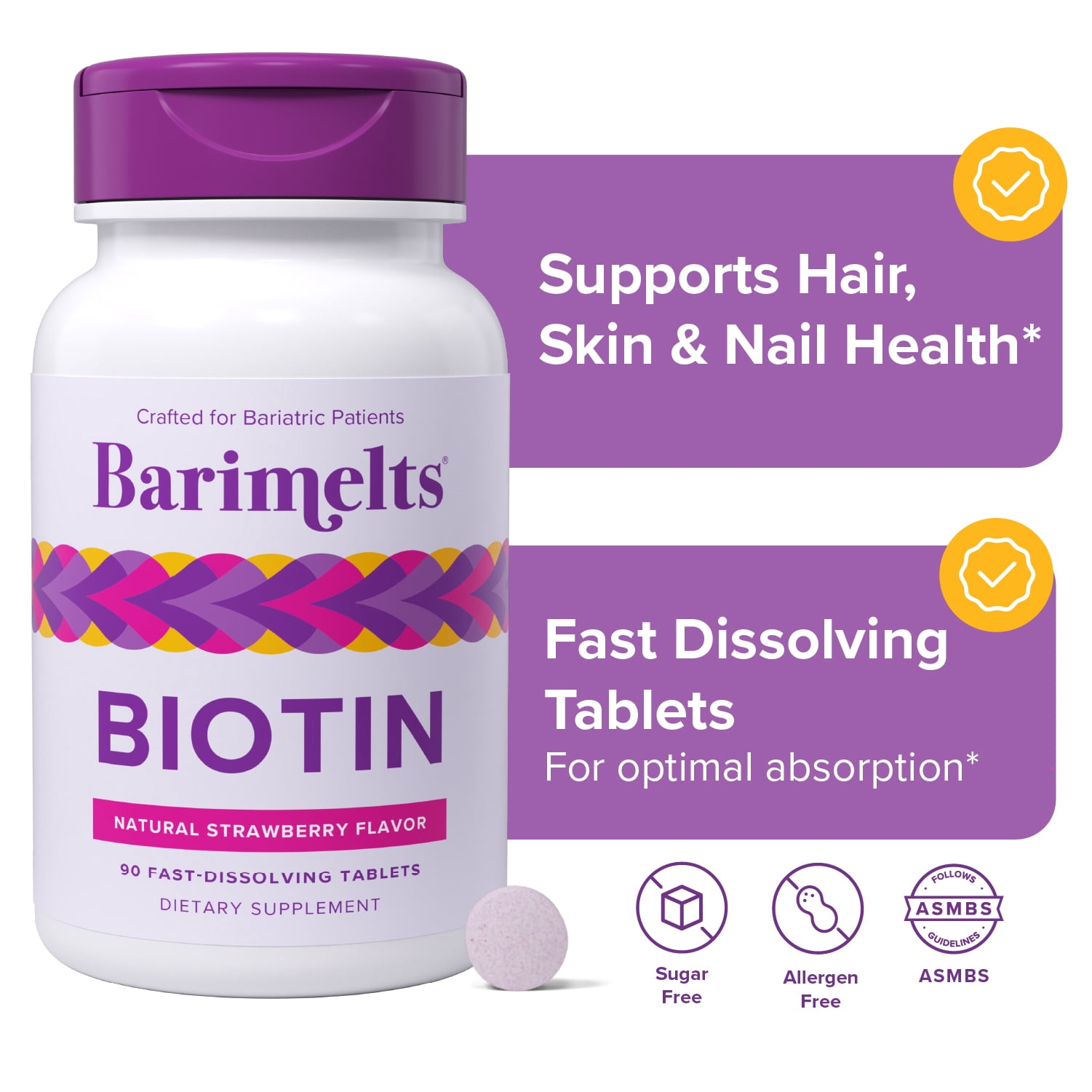 (3 pack) Barimelts Bariatric Biotin Supplement, 90 Fast-Dissolving Tablets, Strawberry Flavor