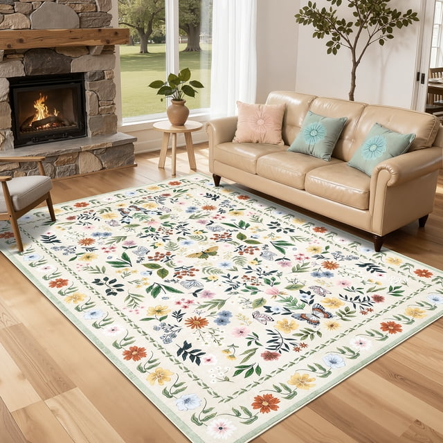 Gaderth 8x10 Floral Butterfly Area Rug, Machine Washable Living Room Rug With Non Slip TPR Backing, Stain Resistant Low Pile Indoor Carpet For Bedroom Dining Room Nursery Home Office