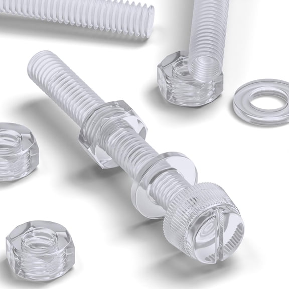50x Transparent Clear Plastic Acrylic Thumbscrews, knurled, M6 x 50mm, (15/64 x 1 37/64 in), nuts, bolts, washers