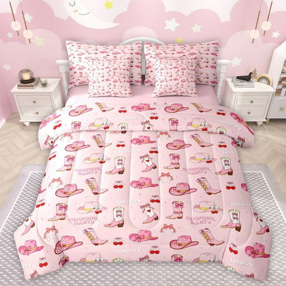 Manfei Girls Western Cowgirl Twin Bedding Sets 7-Piece,Dreamy Princess Bedding Comforter Set Microfiber,Kawaii Bow Boots Hats Breathable Sheet Sets,Super Cozy Room Decor,Reversible