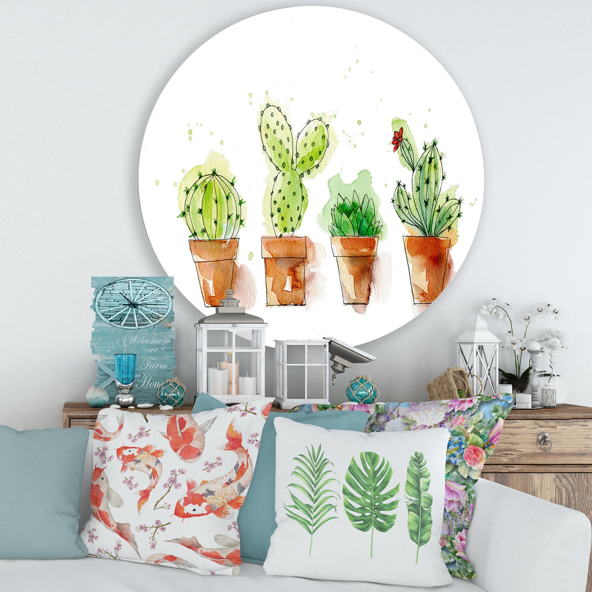 Designart 'Cacti In Gentle Tones In Ceramic Pots I' Traditional Circle Metal Wall Art 36x36 - Disc of 36