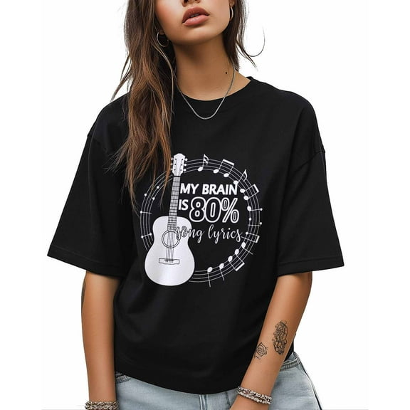 Women's Graphic T-Shirt Black L Women's Tops Song Lyrics and Guitar Crew Neck Short Sleeve Shirts for Women