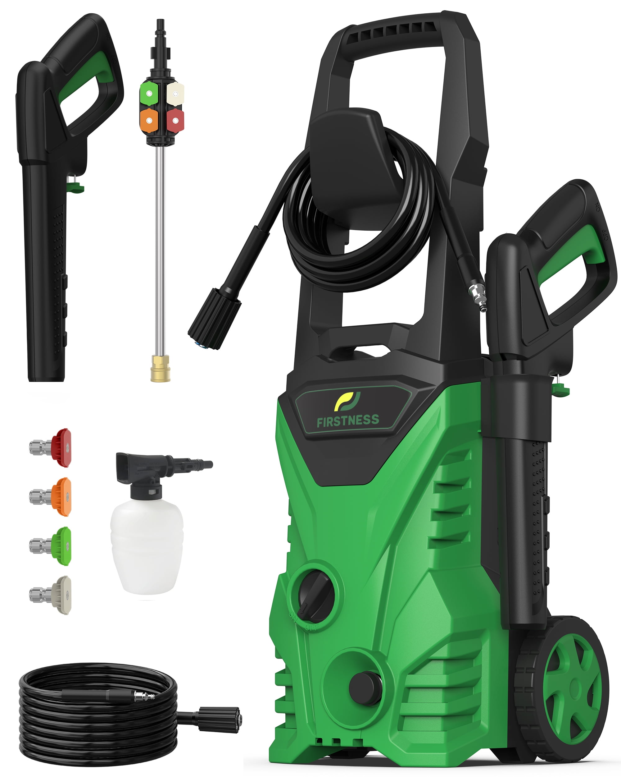 Firstness Electric Pressure Washer, Power Washer w/ 26 ft Hose, 4 Quick Connect Nozzles, High Pressure Cleaning Machine with Foam Cannon, Portable to Clean Patios, Cars, Fences, Driveways
