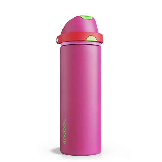 Botella de agua aislada con pajita – Botella de agua Encool de acero inoxidable con tapa de botón, a prueba de fugas y sin BPA, mantiene el frío durante 24 horas para deportes, viajes, gimnasio (24 oz