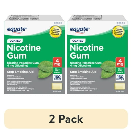 (2 pack) Equate Coated Nicotine Polacrilex Gum 4 mg, Mint Flavor, 160 Count, Compare to Nicorette® Gum Active Ingredient