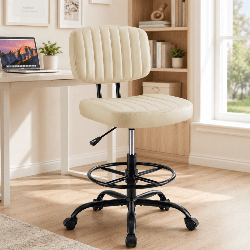 Simple Deluxe Armless Drafting Chair with Footrest, PU Leather, Beige