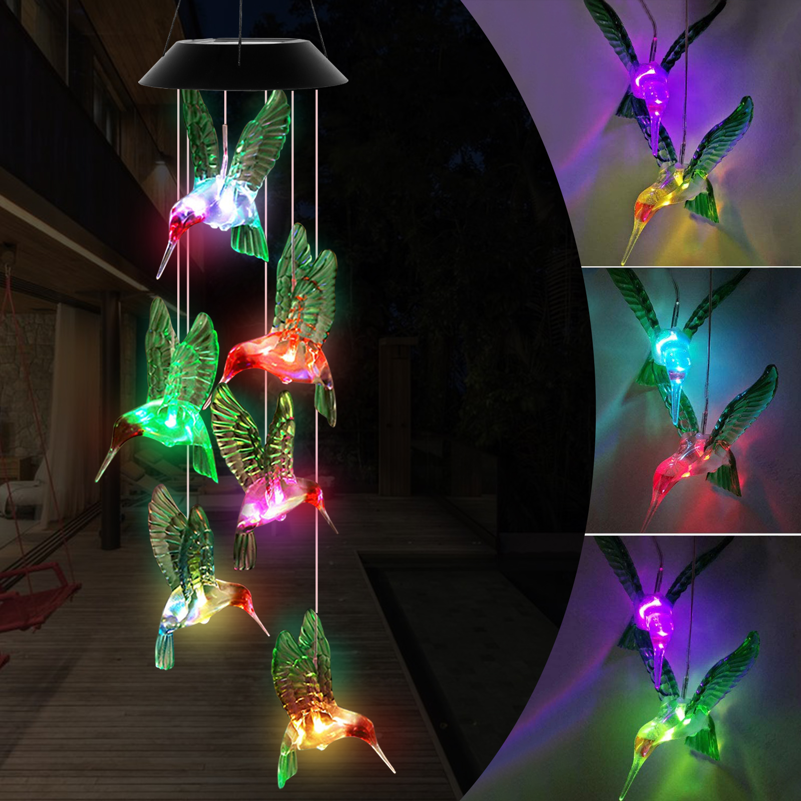 Solar Changing Color Hummingbird Wind Chime, EEEkit Solar Powered LED