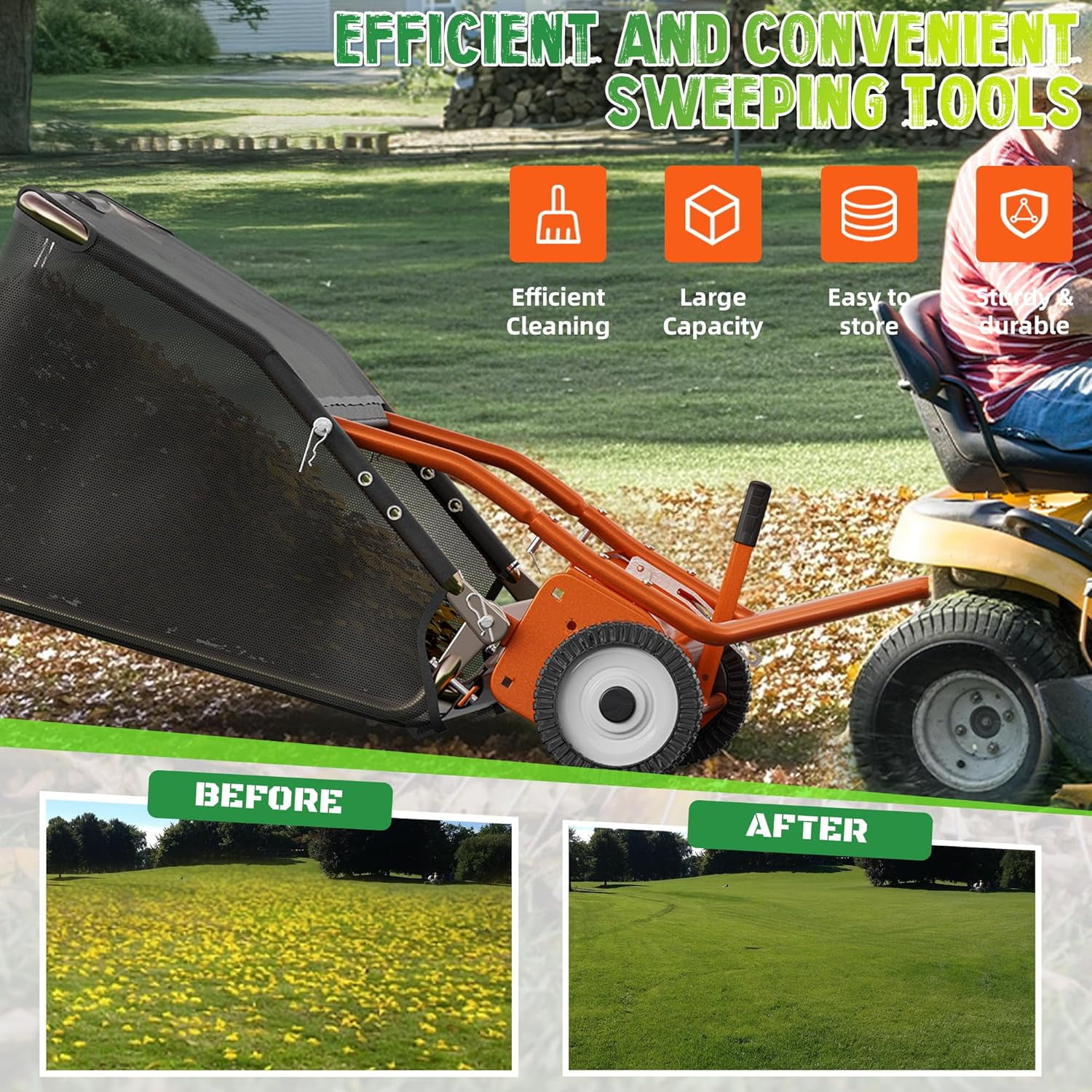 48" Tow Behind Lawn Sweeper Leaf Collector Sweeper for Lawn 25.16 Cu FT Capacity