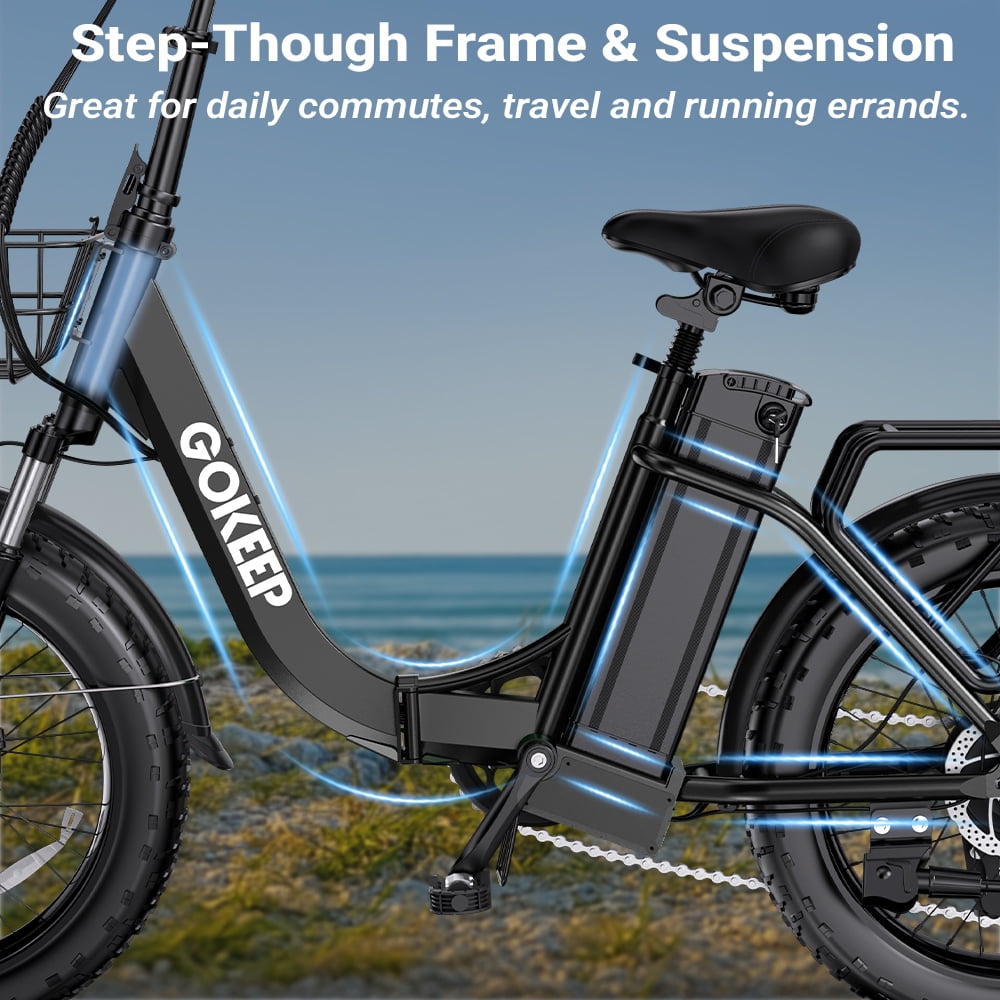 GOKEEP Folding Electric Bike for Adult, 52V 13Ah Removable Battery, 20" Fat Tire & Front Suspension Electric Bicycles, 7-Speed Commuter Ebike, UL2849, Black