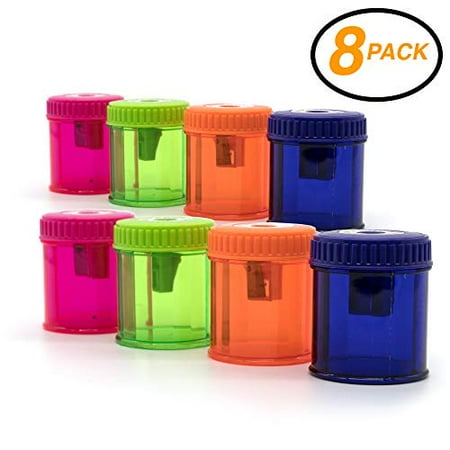 Emraw Single Hole Manual Pencil Sharpener with Round Receptacle to Catch Shavings for Regular Sized Pencils and Crayons Designed in Brightly Colored Plastic -Great for School, Home & Office (8