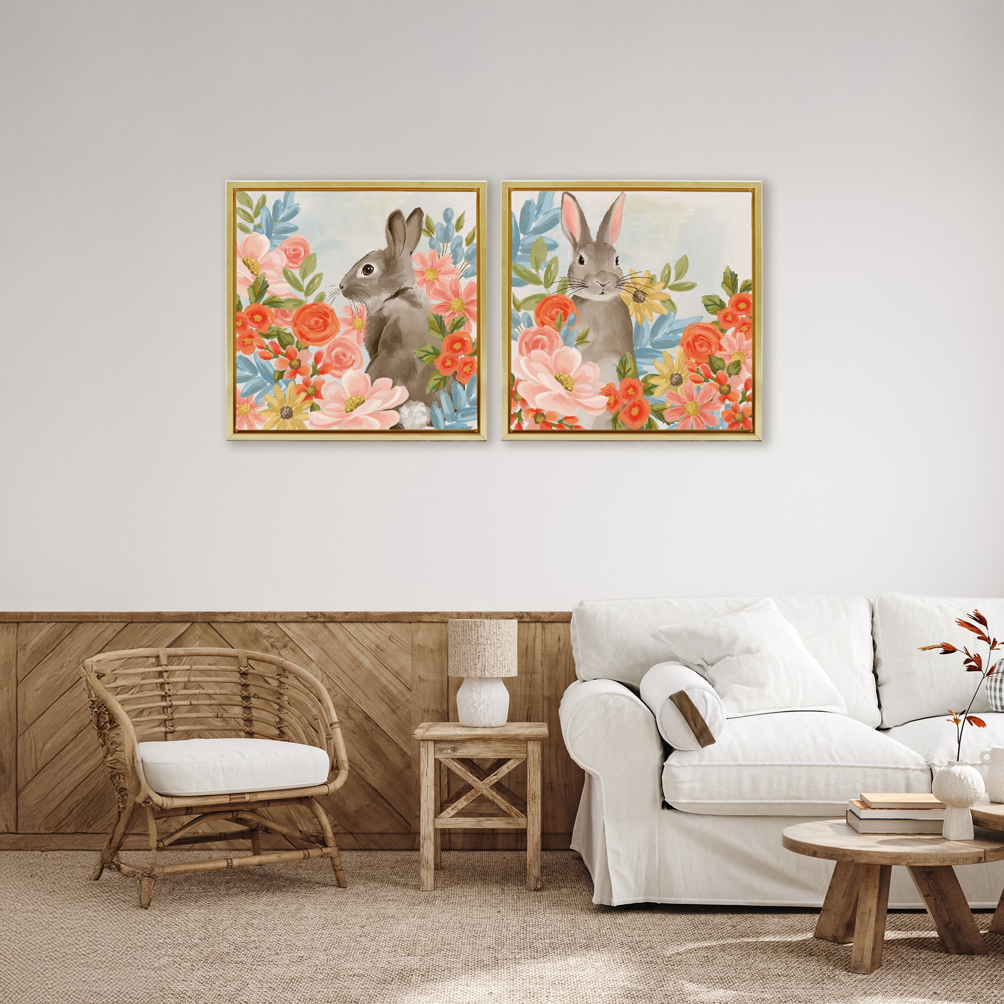 Stupell Industries Bright Bunny Blooms 2 Piece Gold Framed Floater Canvas Set, design by Cat Thurman Designs