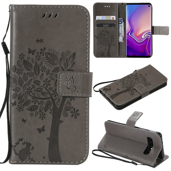 Galaxy S10 Case, Samsung Galaxy S10 Phone Cases, Allytech [Embossed Cat & Tree] PU Leather Wallet Case Folio Flip Kickstand Cover with Card Slots for Samsung Galaxy S10 Cell Phone, Gray