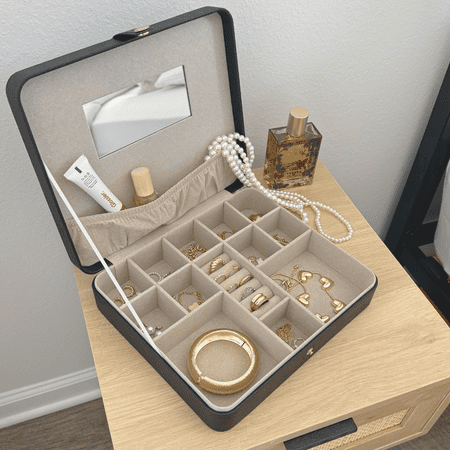 Hives and Honey Opal Large Women Jewelry Organizer Travel Case with Mirror in Black