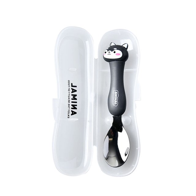 Cucharas de acero inoxidable para niños Estudiantes Vajilla portátil linda Cucharas de animales de d Abanopi Negro