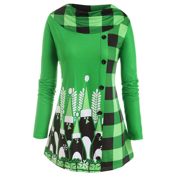 Camiseta Talla Extra Manga Larga Estampado Cuadros Navidad Rosegal Mangas largas de talla grande