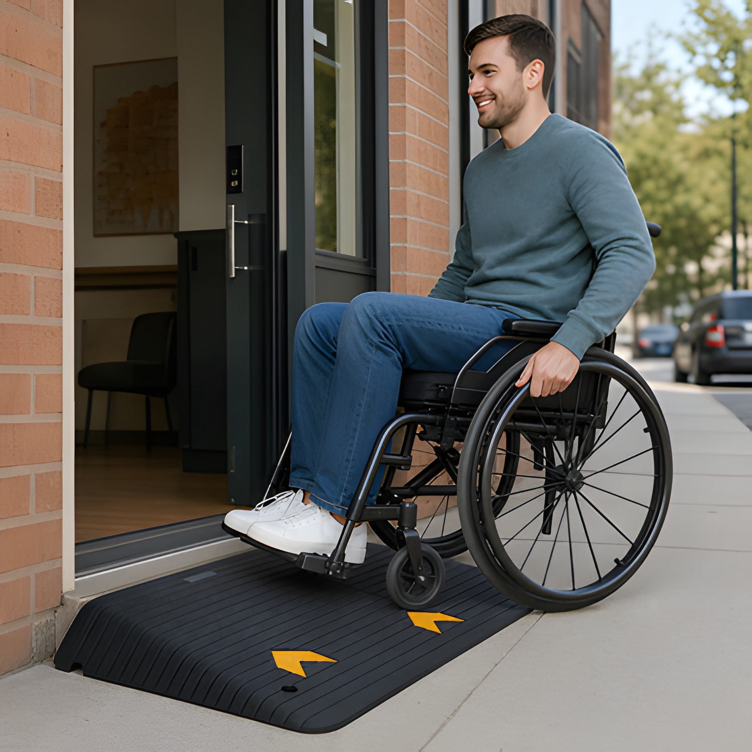 Upgraded Rubber Threshold Ramp, 4" Rise Door Ramp with 1 Channel, Natural Rubber Car Ramp with Non-Slip Textured Surface, 33069 lbs Load Capacity Curb Ramp for Wheelchair and Scooter