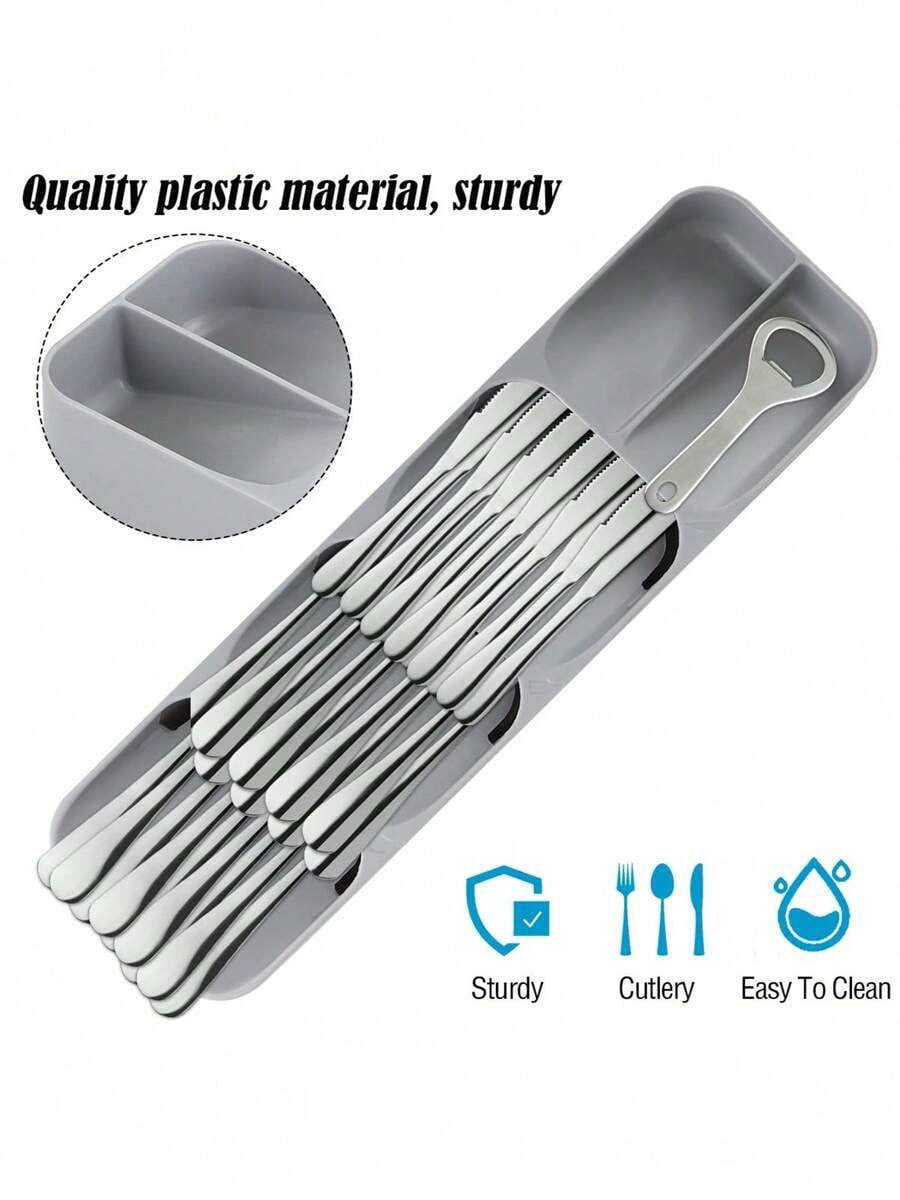 Kitchen Drawer Cutlery Organizer and Compact Space Saving Tray for Flatware, Silverware, and Utensils, Stackable Drawer Store Divider for Kitchen Organization and Storage, Gray