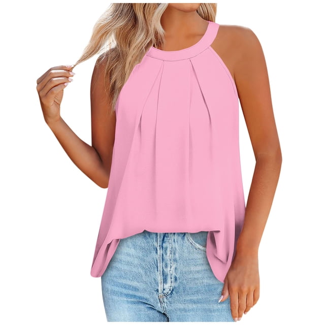 Timegard Tank Tops for Women Crew Neck Ruched Back Button Comfy Casual Sleeveless Tops Tees Blouses