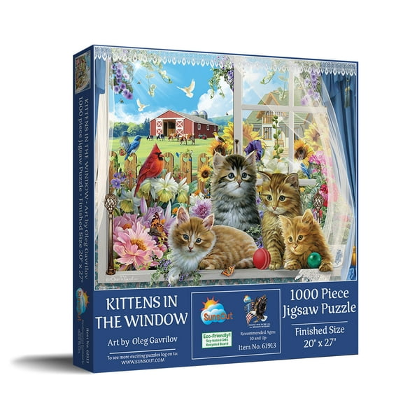 SUNSOUT INC - Kittens in the Window - 1000 pc Jigsaw Puzzle by Artist: Oleg Gavrilov - Finished Size 20" x 27" - MPN# 61913
