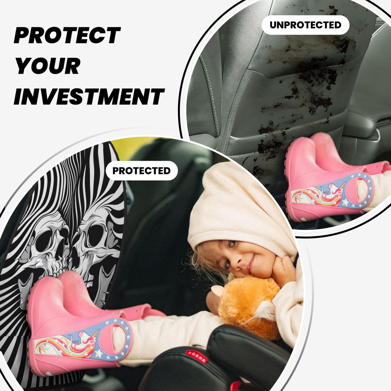 Kdxio Psychedelic Skull Illusion Art Print 2 Pack Car Kick Mat Seat Cover Back Protector Mat with Pockets for Organizer Backseat Protector and Storage Anti Kick Pad for Vehicles