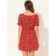thumbnail image 4 of Vestido Floral Por Encima de la Rodilla Allegra K cintura Elástica cuello cuadrado Mangas Abullonadas Rojo M, 4 of 5