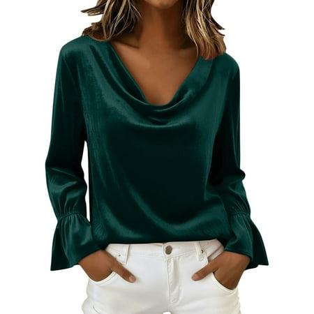 Brglopf Women s Velvet Blouses Cocktail Evening Party Dressy Casual Long Sleeve Shirts Elegant Cowl Neck Ruffle Long Sleeve Tops Army Green M