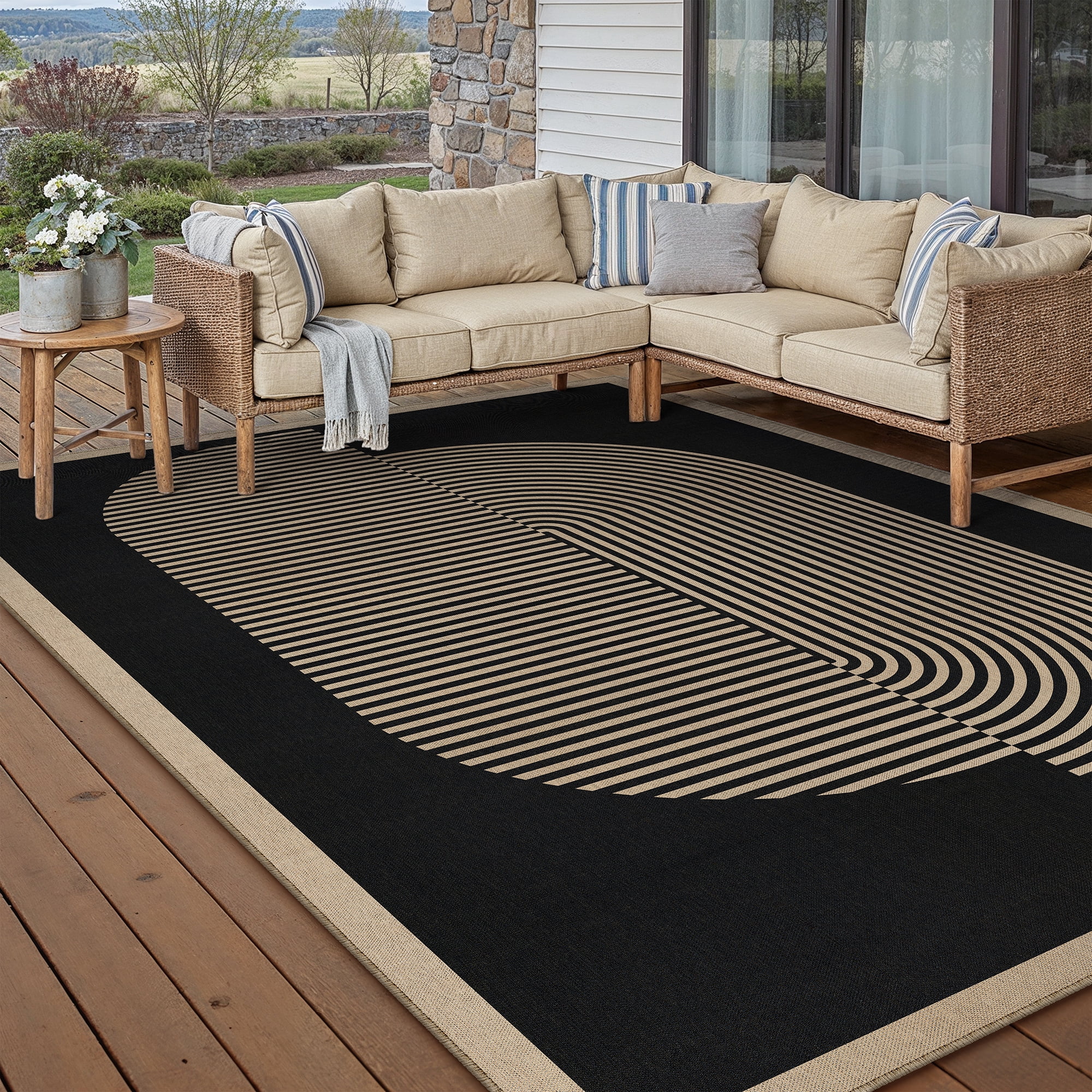 BERTHMEER 8'x10' Large Easy Jute Area Rugs for Living Room, Washable Outdoor Patio Rugs Indoor Outdoor Carpet for Farmhouse Neutral Geometric Non Slip Black Rugs for Bedroom Dining Room