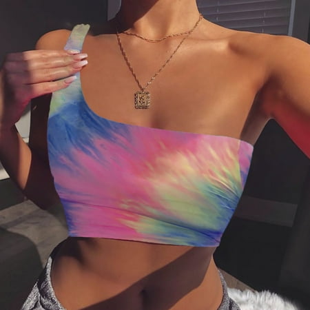 

SQUARE CARMEN Women Lady Tie-Dye Single Shoulder Crop Top Sexy Sport Bra Slim Camis Tank Vest Hot Pink XL