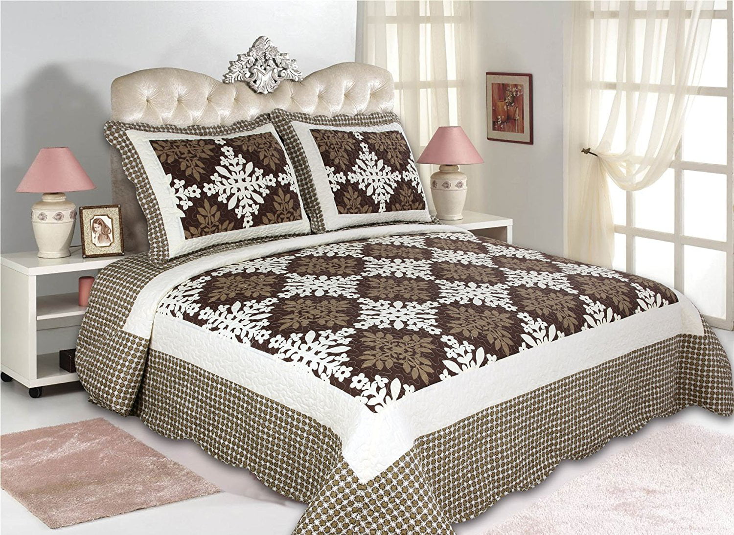 Details about   100% Cotton Beige Brown 3pcs Queen Embroidery Quilt w/2 Pillow Shams Bedspread! 