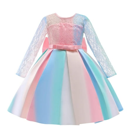 

Zlekejiko Child Girls Bowknot Multicolor Pageant Dress Birthday Party Kids Lace Rainbow Gown Princess Dress