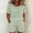 thumbnail image 4 of Gamivast 2 Piece Summer Outfits for Women Casual Linen Textured Short Sleeve Top and Drawstring Shorts Set Loose Fit Matching Lounge Sweatsuits Vacation Streetwear Pajamas Green L, 4 of 7