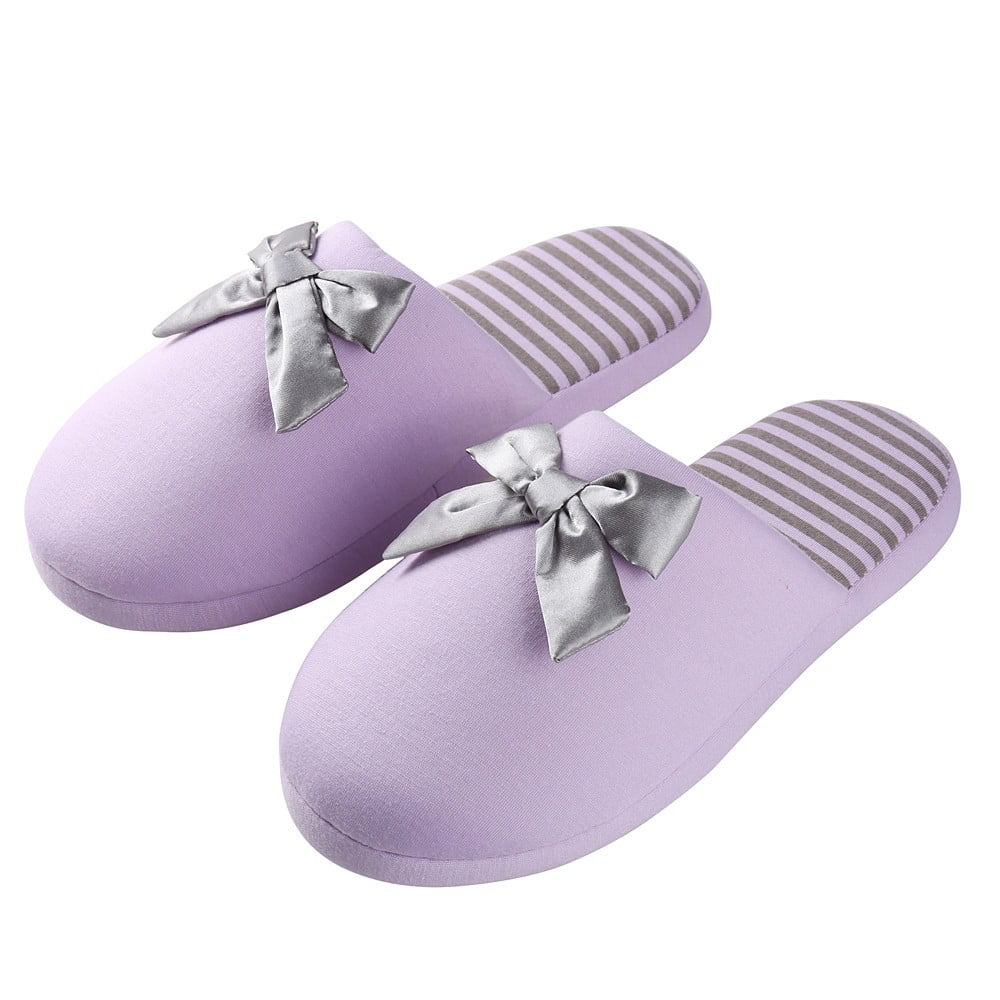 Women’s Waffle-Stripes & Bow Indoor Slippers – Plush Fleece Lined Slip-On House Shoes with Non-Slip Weather-Resistant Outsole