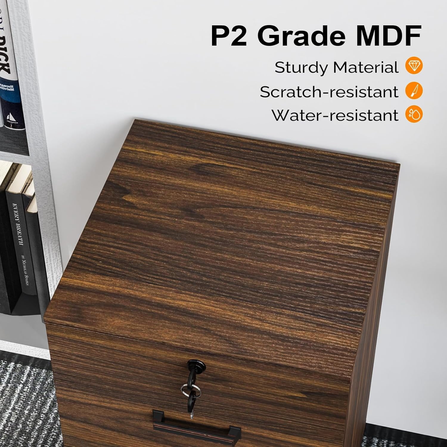 2 Drawer File Cabinet with Lock, Wood Dark Brown File Cabinets for Letter Size File Folders with Tabs, Under Desk Rolling Filing Cabinet for Home Office, Mobile File Organizer Printer Stand
