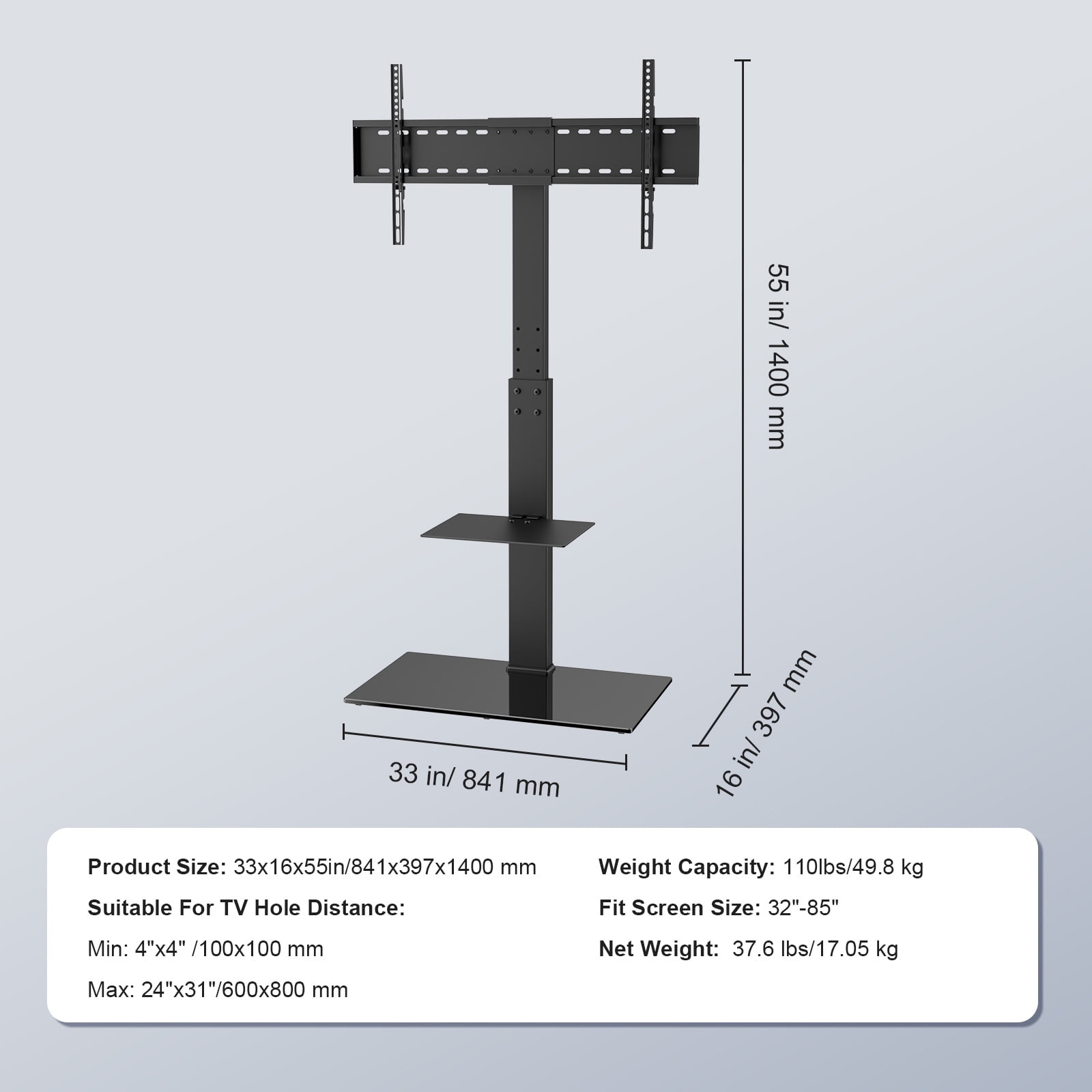KFFKFF Television Stand Mount, Rotating Elevated TV Stand suitable for 32 to 85 inch Televisions, Alterable Height Mobile Floor TV Stand with Hardened Glass Base for Bedroom, Living Area