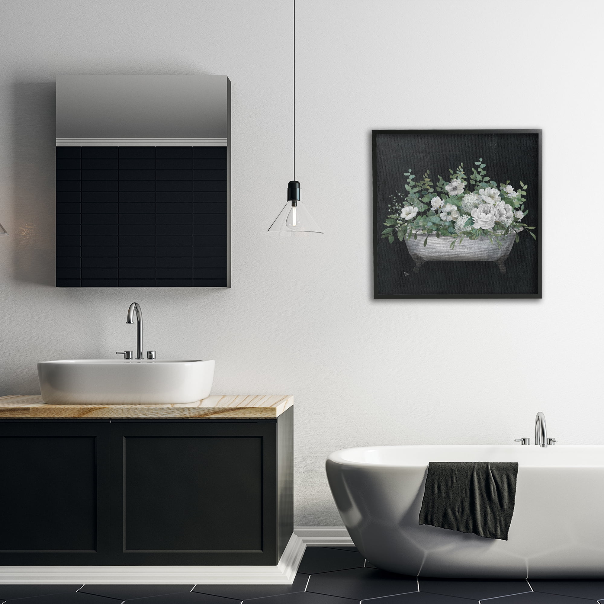 Stupell Industries Rustic Floral Bathtub Typography Painting Black Framed Art Print Wall Art, 24 x 24