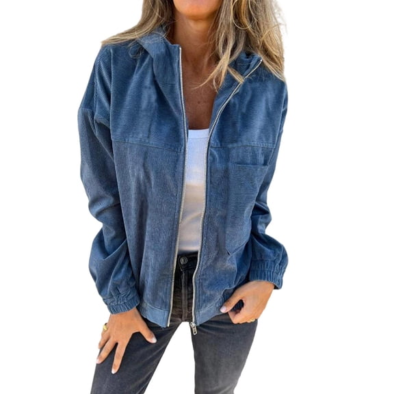 Women'S Solid Color Corduroy Jacket Minimalist Style Hooded Zip Front Coat Casual Outerwear Blue XL