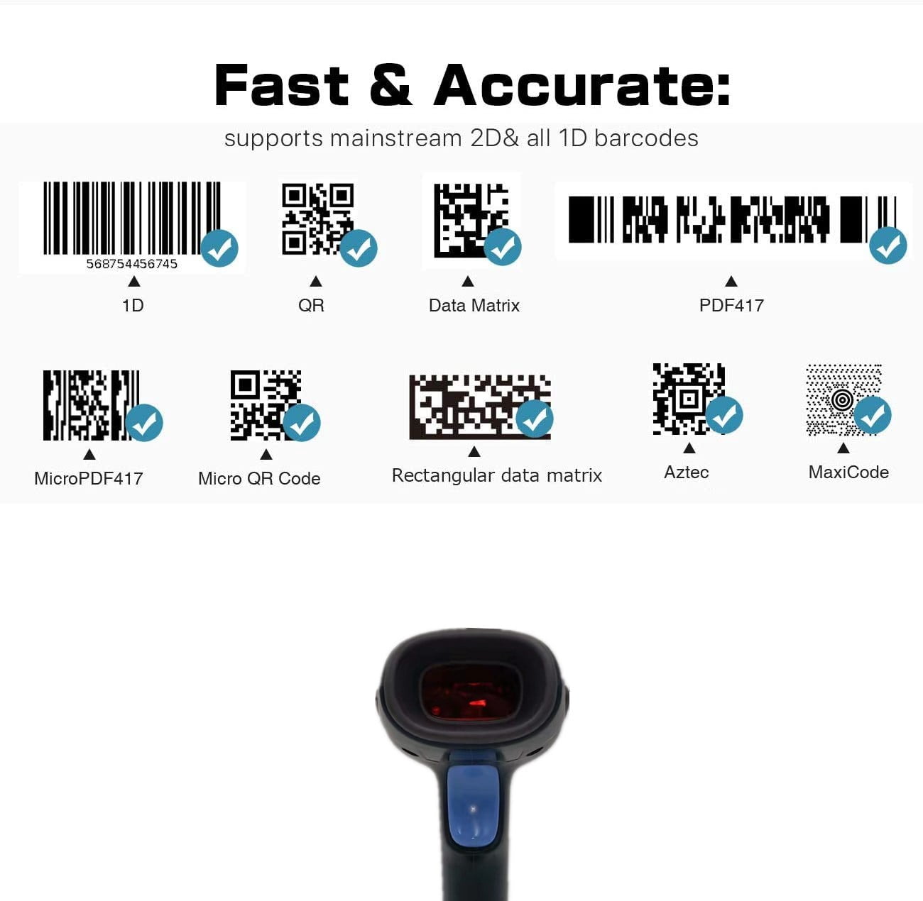 Barcode Scanner with Stand And 1 MP Global Shutter, XIANJINO USB Wired Inventory 2D 1D QR Code Scanners for Computer POS Support Automatic Screen Scanning, Handheld CMOS Image BarCode Reader