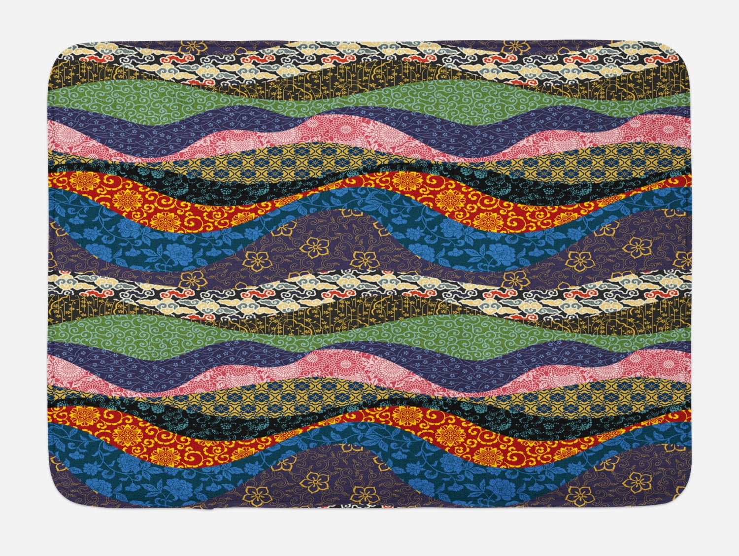 Asian Bath Mat, Asian Far Eastern Patchwork with Flowers Floral Pattern
