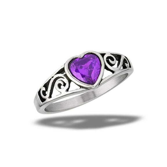 Simulated Amethyst Ring Stainless Steel Promise Heart Band Purple CZ Jewelry Female Size 6
